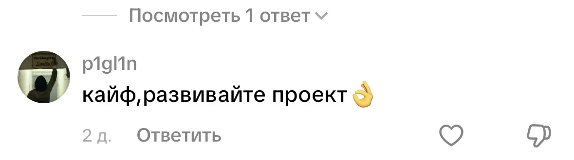 Отзыв в Instagram от p1gl1n: «кайф, развивайте проект»